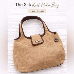 The Sak Knit Hobo Bag Tan Brown Boho Woven Shoulder Bag Leather Trim